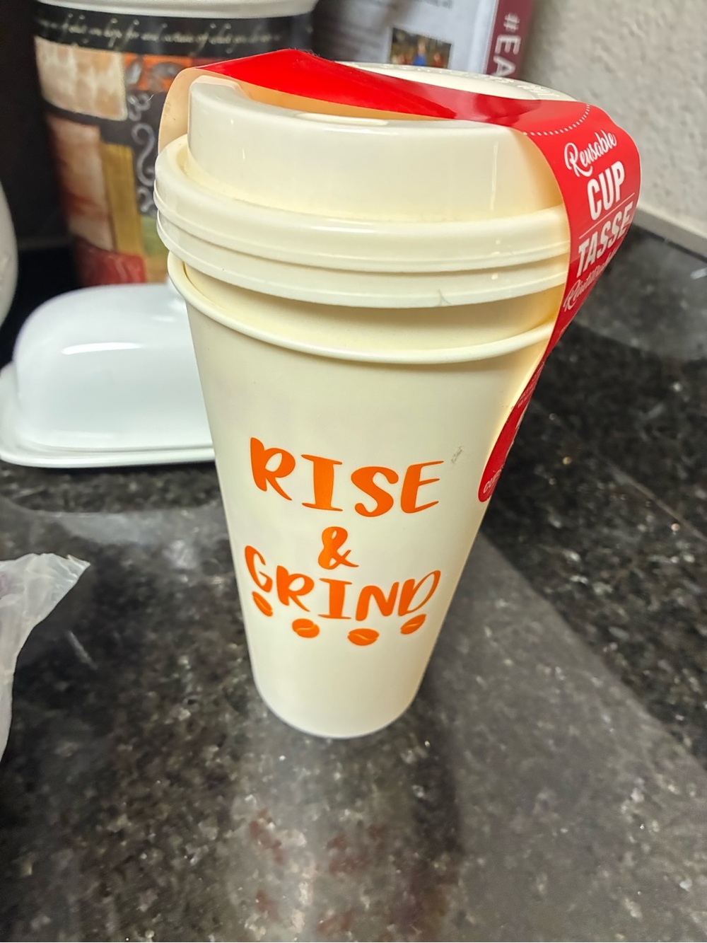Reusable Travel Cup - Cream with Orange "Rise & Grind" Print